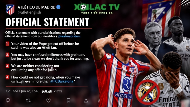 Atletico Madrid đăng bài nhắm vào Real